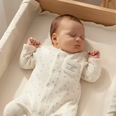 Bebé dormindo vestido com macacão branco com padrão floral pálido e bolso com texto dentro de berço de madeira claro.