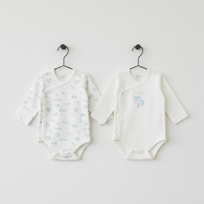 Dois bodies de bebé de manga comprida pendurados na parede