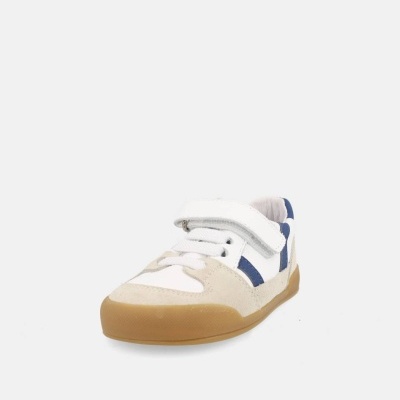 Sapatilha branca com risca azul escuro e sola castanha