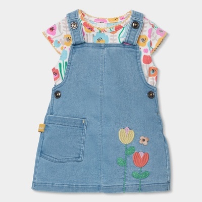 Conjunto infantil vestido de ganga azul claro bordado flores e t-shirt branca flores coloridas