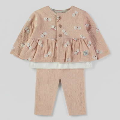 Conjunto de bebé rosa com padrão de borboletas e leggings
