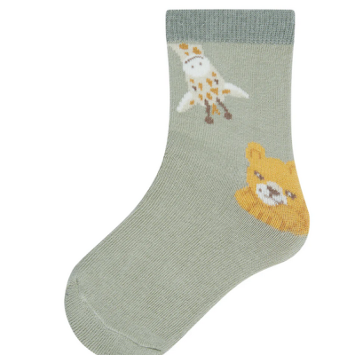 Meia infantil verde claro com urso amarelo e pássaro branco em malha