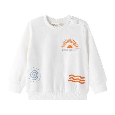 Sweatshirt branca de bebé com desenhos coloridos e texto LITTLE SUNSHINE