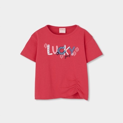 T-shirt infantil rosa com texto colorido LUCKY girl e detalhe franzido