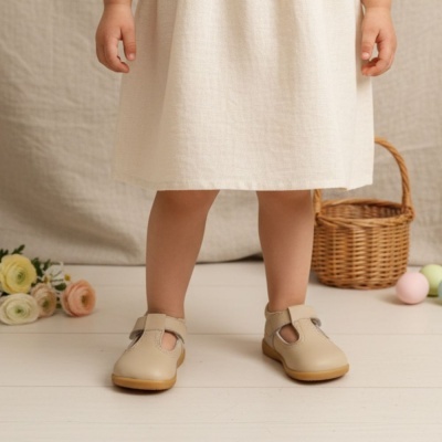 Sapatos infantis bege com velcro, criança com vestido branco, cesta e flores ao fundo