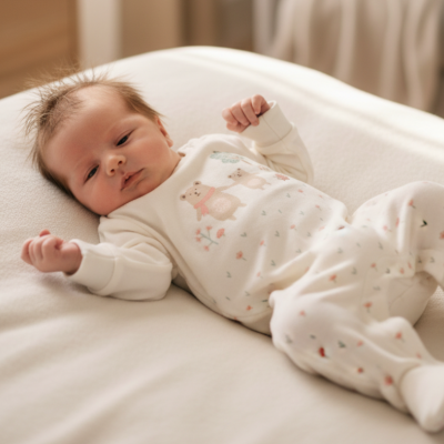 Bebé deitado com pijama branco com ursinhos e flores