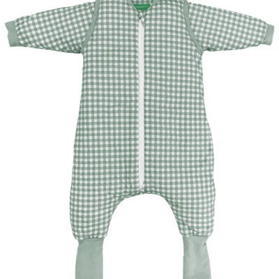 macacão de bebé xadrez verde e branco com fecho frontal e punhos verdes