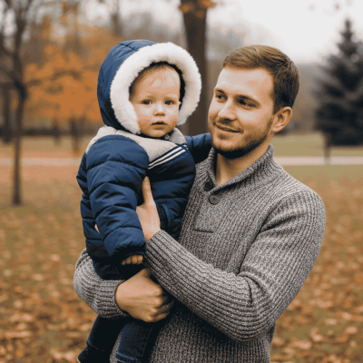 Homem com camisola cinzenta a segurar bebé com casaco azul de inverno num parque outonal