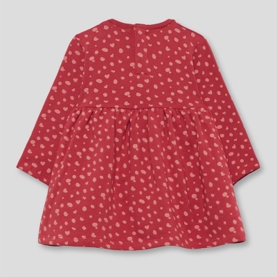 Vestido infantil vermelho com manchas cor de rosa e mangas compridas