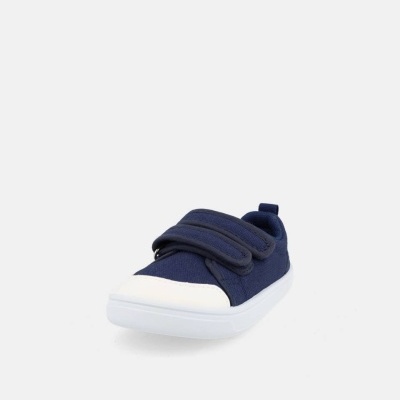 Ténis infantil azul escuro com fechos de velcro e biqueira branca
