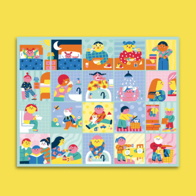 Ilustração colorida com vinte cenas de rotinas diárias de crianças e adultos em fundo amarelo.