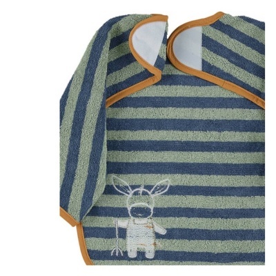 Babete de bebé riscas azuis e verdes com bordado de burro