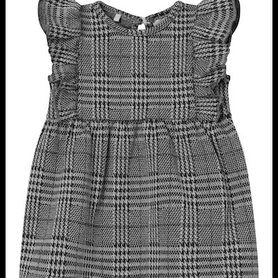 Vestido infantil xadrez cinza e preto com mangas de folhos