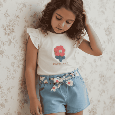 Camisola branca com flor rosa e azul e calções de ganga azuis claros com cinto flores