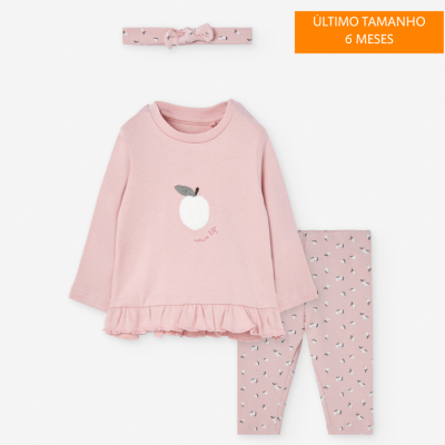 Conjunto de roupa de bebé rosa com camisola, leggings e faixa de cabeça.