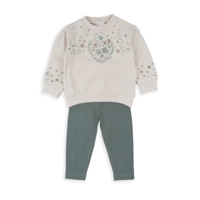 Conjunto bebé sweat bege estampado floral e calças verdes