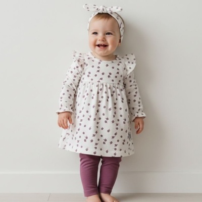 Bebé com vestido branco de flores roxas, calças roxas e faixa de cabeça com padrão de flores