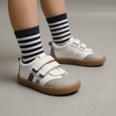 Ténis infantis branco e cinza com sola castanha e fecho de velcro, usados com meias às riscas
