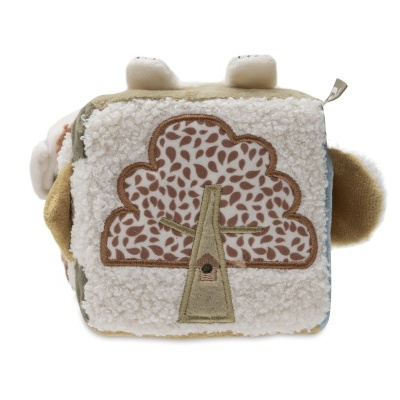 Cubo de brinquedo de pelúcia macia com árvore bordada e textura em lã branca