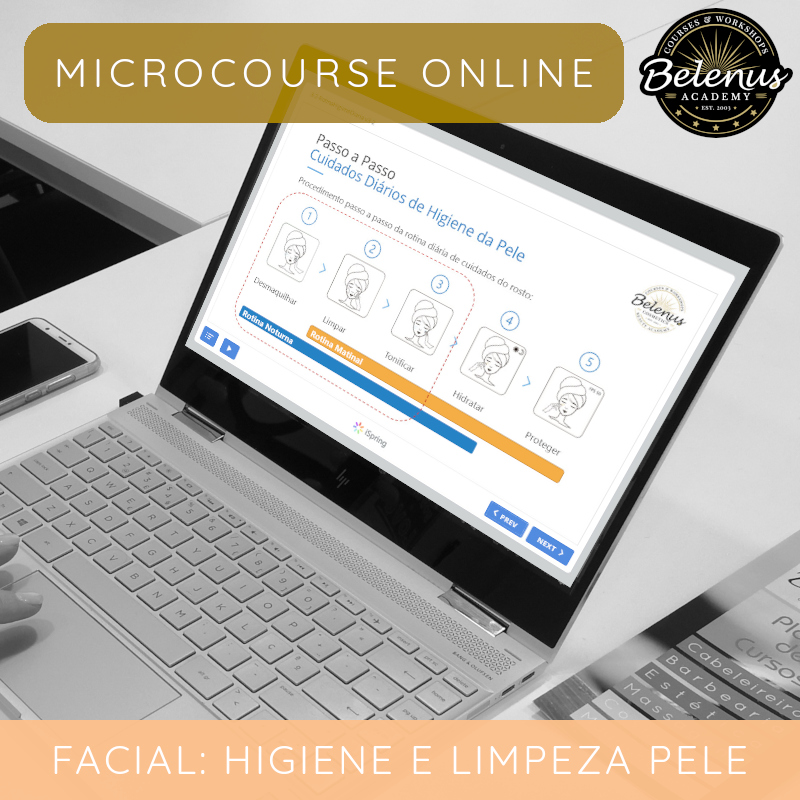 Microcurso Online: Higiene e Limpeza Facial Computador portátil aberto a mostrar curso online de cuidados diários de higiene da pele em português.