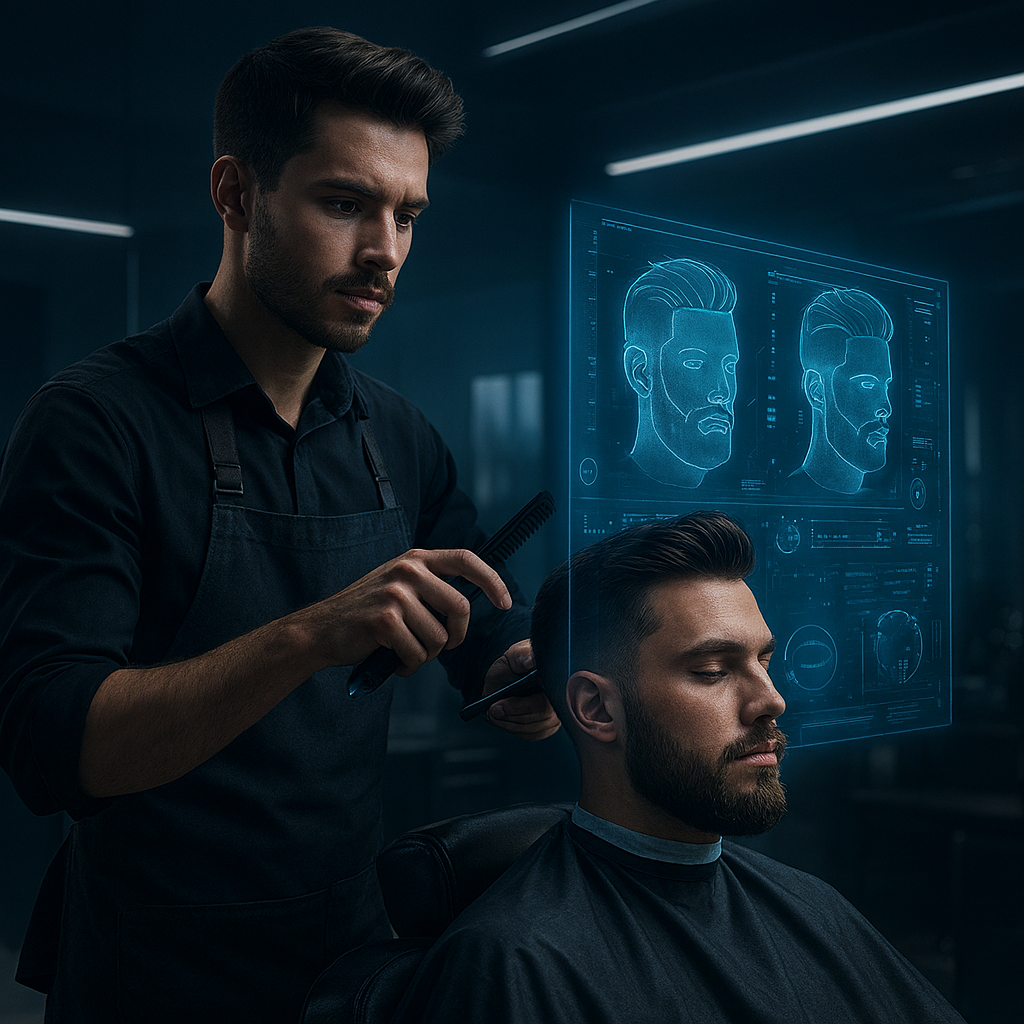 Barbeiro no futuro a cortar cabelo com holograma servindo de guia