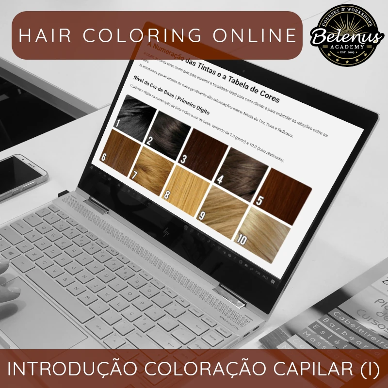 Curso Online: Introdução à Coloração Capilar Computador portátil com tabela de cores de cabelo em ecrã e telemóvel ao lado numa mesa