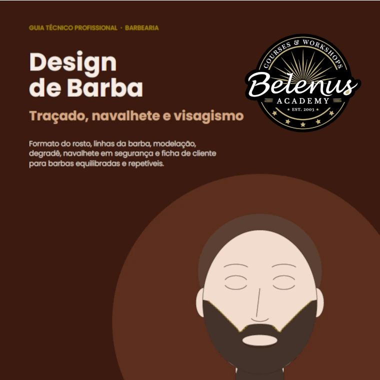 Guia: Design de Barba (PDF) Imagem de design de barba com texto e ilustração simples de cabeça com barba e logotipo da Belenus Academy
