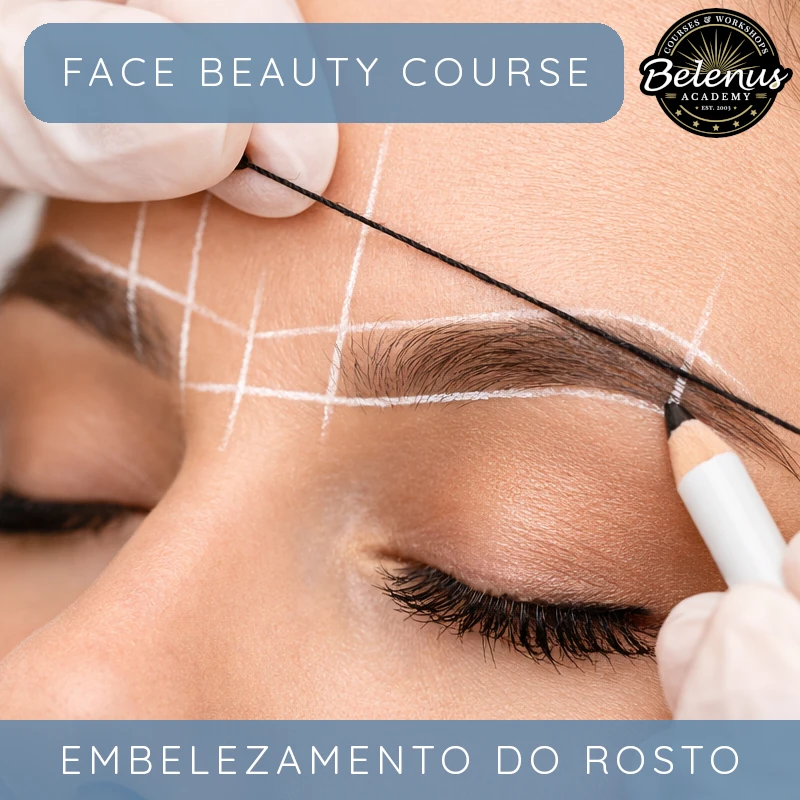 Curso Profissional de Embelezamento do Rosto Mulher com sobrancelha sendo desenhada e marcada com linhas brancas para embelezamento do rosto