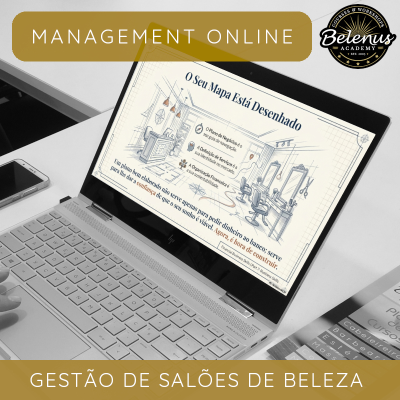 Curso Online: Gestão de Salões de Beleza Computador portátil com desenho de salão de beleza e texto em português na tela