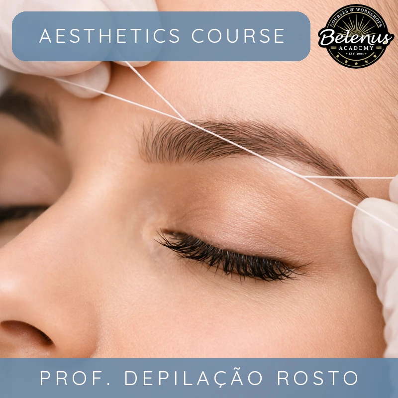 Curso Profissional de Epilação do Rosto: B-Learning Pessoa a fazer depilação facial com fio branco nas sobrancelhas, com texto promocional de curso.