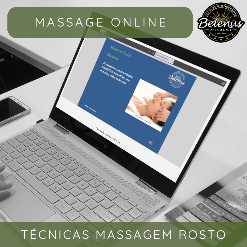 Curso Online: Técnicas de Massagem e Cosmética de Rosto Laptop aberto com ecrã mostrando curso online sobre Massagem Facial da Belenus Academy