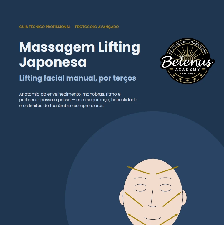 Guia: Massagem Lifting Japonesa (PDF) Promoção de guia técnico para Massagem Lifting Japonesa com ilustração de rosto e logótipo da Belenus Academy