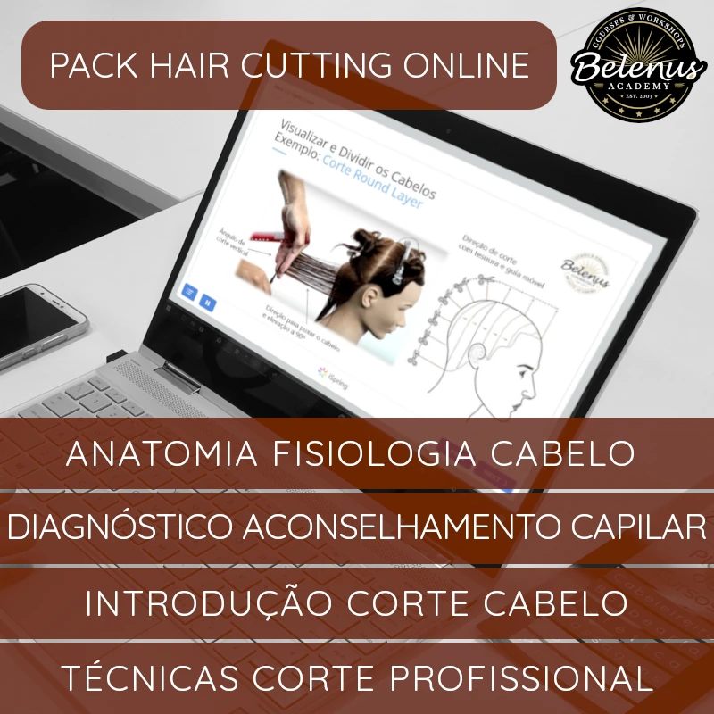 Pack Pro Quad: Profissional em Barbearia & Cabeleireiro Portátil mostra curso online de corte de cabelo com esquema e texto em português