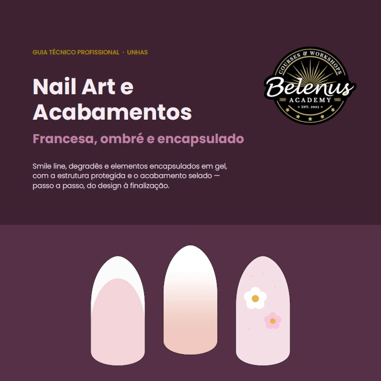Guia: Nail Art em Gel - Francesa e Ombré Gel (PDF) Guia técnico de nail art com três designs de unhas em rosa e branco e texto em fundo roxo