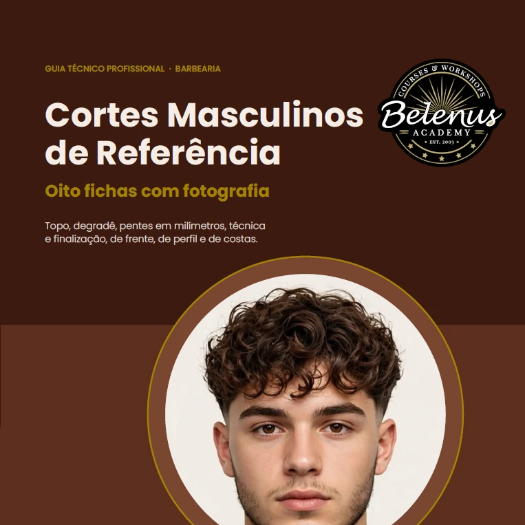 Guia: Cortes Masculinos - Tendências (PDF) Capa de guia de cortes masculinos com texto e rosto de jovem com cabelo encaracolado.