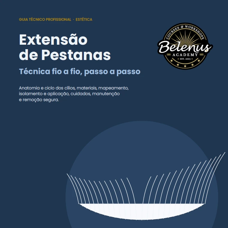 Guia: Extensão de Pestanas - Fio a Fio (PDF) Capa digital azul para guia de extensão de pestanas com logo Belenus Academy