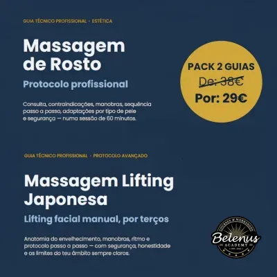 Promoção de guias técnicos profissionais de massagens faciais em fundo azul com círculo amarelo e logótipo Belenus Academy