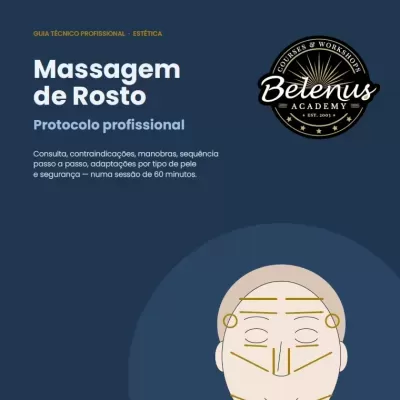 Cartaz técnico profissional de massagem de rosto com texto e ilustração de rosto e selo Belenus Academy