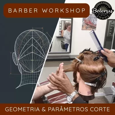 Esquema de corte de cabelo à esquerda e barbeiro com manequim à direita em oficina de barbearia