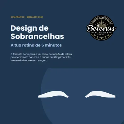 Promoção design sobrancelhas com logo Belenus Academy e texto instrutivo.