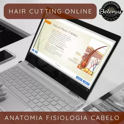 Computador portátil prateado com apresentação sobre anatomia do cabelo e smartphone ao lado