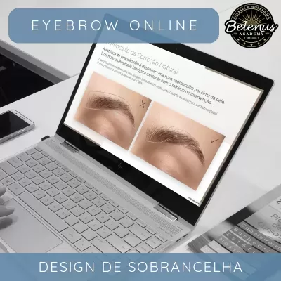 Portátil a apresentar design de sobrancelhas com fotos comparativas e texto em português