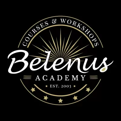 Logótipo da Belenus Academy com texto e estrelas em fundo preto