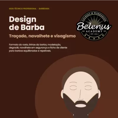 Imagem de design de barba com texto e ilustração simples de cabeça com barba e logotipo da Belenus Academy