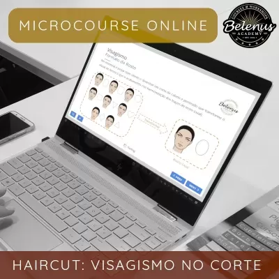 Computador portátil aberto mostrando microcurso online de visagismo com ilustrações de rostos