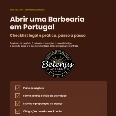 Imagem promocional de guia para abrir barbearia com checklist de passos e logótipo Belenus Academy