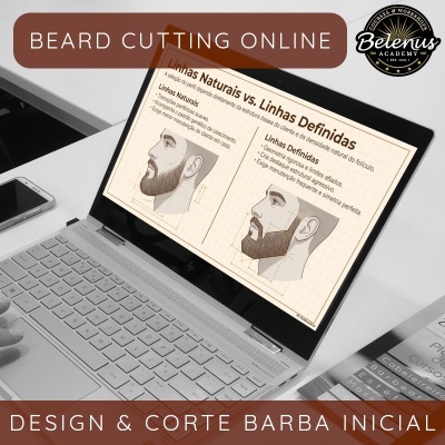 Portátil com apresentação online sobre diferentes estilos de corte de barba em português.