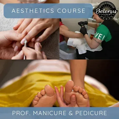 Curso de estética com manicure e pedicure, profissional a tratar unhas, pés e mãos cuidados.