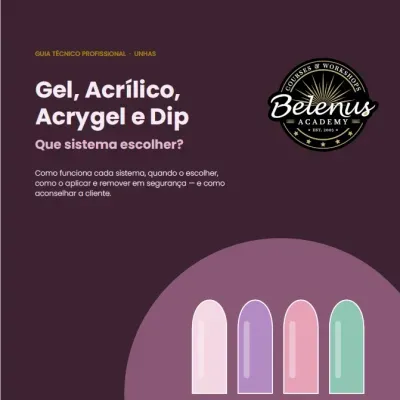 Capa de guia técnico com texto em português sobre sistemas de unhas com unhas coloridas e logotipo da Belenus Academy.