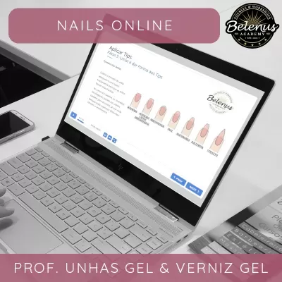 Computador portátil com página de curso de unhas gel e smartphone